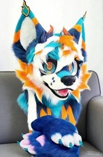 Fursuit Long haired Dog Fox Mascot Party Halloween Fur Cosplay head claws