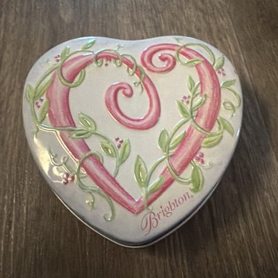 Vtg Brighton Heart Tin Candy Jewelry Trinket Metal Box Blue Pink Raised