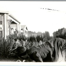 1945 Boy Pinstripe Suit Snapshot Photo Garden Backyard House Vtg Childhood Cute