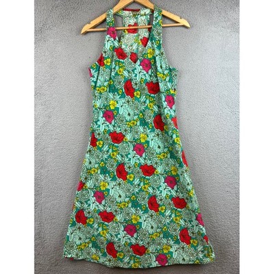 Kali Yog Womens Floral Cotton Racerback Midi Dress Green Red Yellow V-Neck