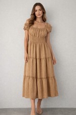 Women’s Forever 21 Tan Off Shoulder Smocked Midi Dress Tiered Size M