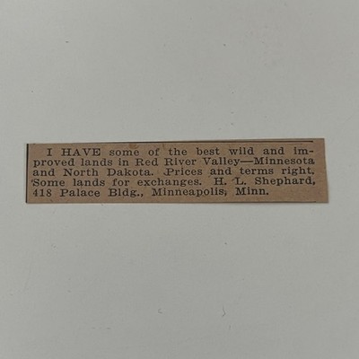 Best & Improved Lands In Red River Valley HL Shephard 1911 Clipping SAH7-S33