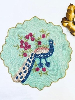 Beaded Peacock Placemat, Handmade Decorative Beaded Mat with Floral Design, Uniq