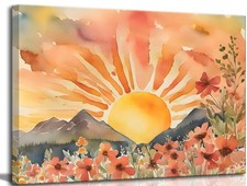 Boho Sun Canvas Wall art Mid-Century Modern Abstract Bohemian Sunset in The M...