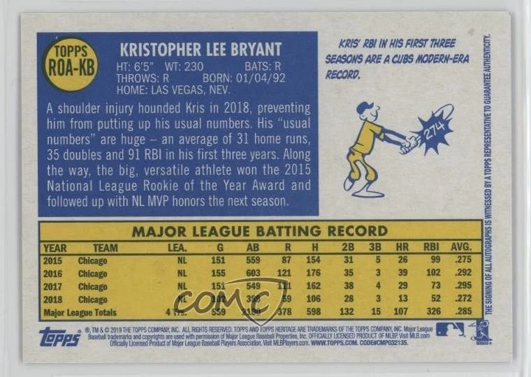 2019 Topps Heritage Real One Auto Red Ink /70 Kris Bryant #ROA-KB Auto - Image 2 of 2