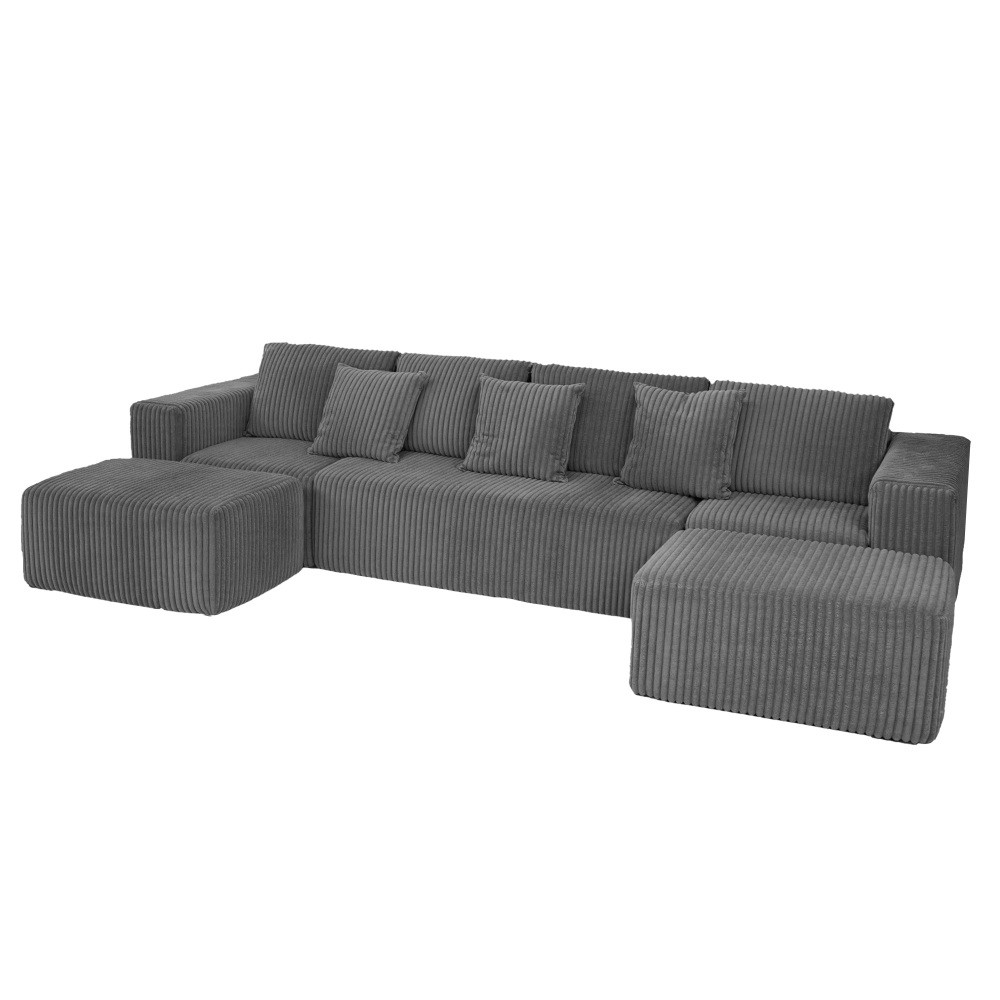Modular U-Shaped Sectional Sofa, Chaise Lounge, Striped Corduroy Fabric in Gray