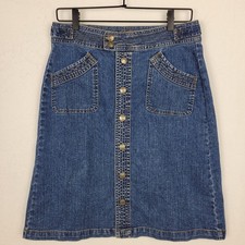 Vintage 90s Denim Midi Skirt Button Down Boho Coastal Cowgirl Blue Size 8
