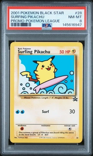 2001 POKEMON PROMO BLACK STAR POKEMON LEAGUE #28 SURFING PIKACHU PSA 8
