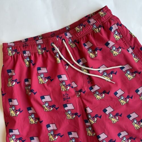 Life Is Good USA Red White Blue Dog Swim Trunks Beach Shorts Mens Size Small