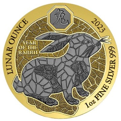 2023 1 Oz Silver 50 Francs Rwanda YEAR OF THE RABBIT Gilded Ruthenium ...