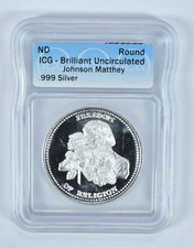 (ND) Silver Art Round 1 Oz Freedom Of Religion Johnson Matthey BU ICG 84.95 per troy oz