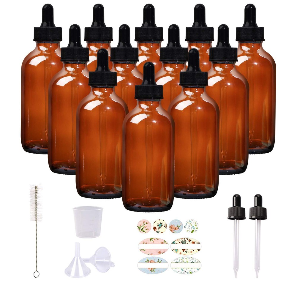 12 Pack 4oz Amber Glass Bottles with Glass Eye Droppers for Essential Oils, P...