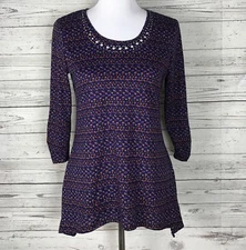 NY Collection Petite Women’s Embellished Neck Asymmetrical Hem Knit Top Size PM