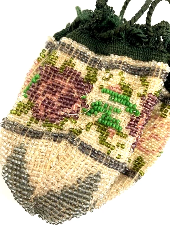 Antiguo bolso monedero con cuentas a mano con cordón victoriano alemán Foto 3 de 4