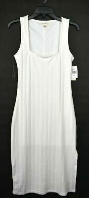 Row A Womens Square Neck Sleeveless Textured Rib Knit Midi Dress L $49 NWT White