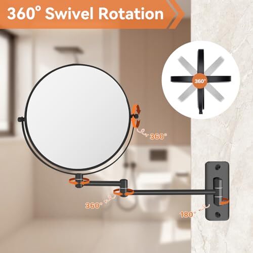 8” Makeup Mirror Wall Mounted, 1X/10X Double-Sided Wall Mount Magnifying Black - Picture 5 of 7