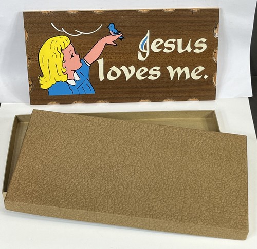 Jesus Christ Wall Wood Plaque decor Easter blonde Girl w/ Spring Bluebird w/ Box - Picture 2 of 8