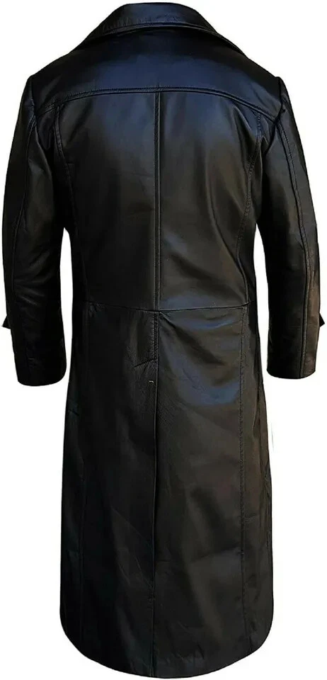 男式真皮长冬季风衣全长掸子黑色大衣美国 — 第 3/4 张图片