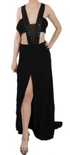 JOHN RICHMOND Dress Black Crystal Leather Gown Flare IT40 / US6 / S RRP $3600