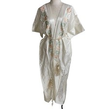 Vintage Duster Robe Womens Size Large White Belt Embroidered Striped Tassel Mode