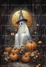 HALLOWEEN GHOST ART PRINT, Cottagecore Poster, Pumpkin Home Decor, Gothic D832