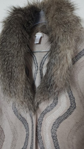 Chicos 1 Cotton Wool Long Cardigan MEDIUM Removable Faux Fur Collar Tan Blue Whi - Picture 10 of 13