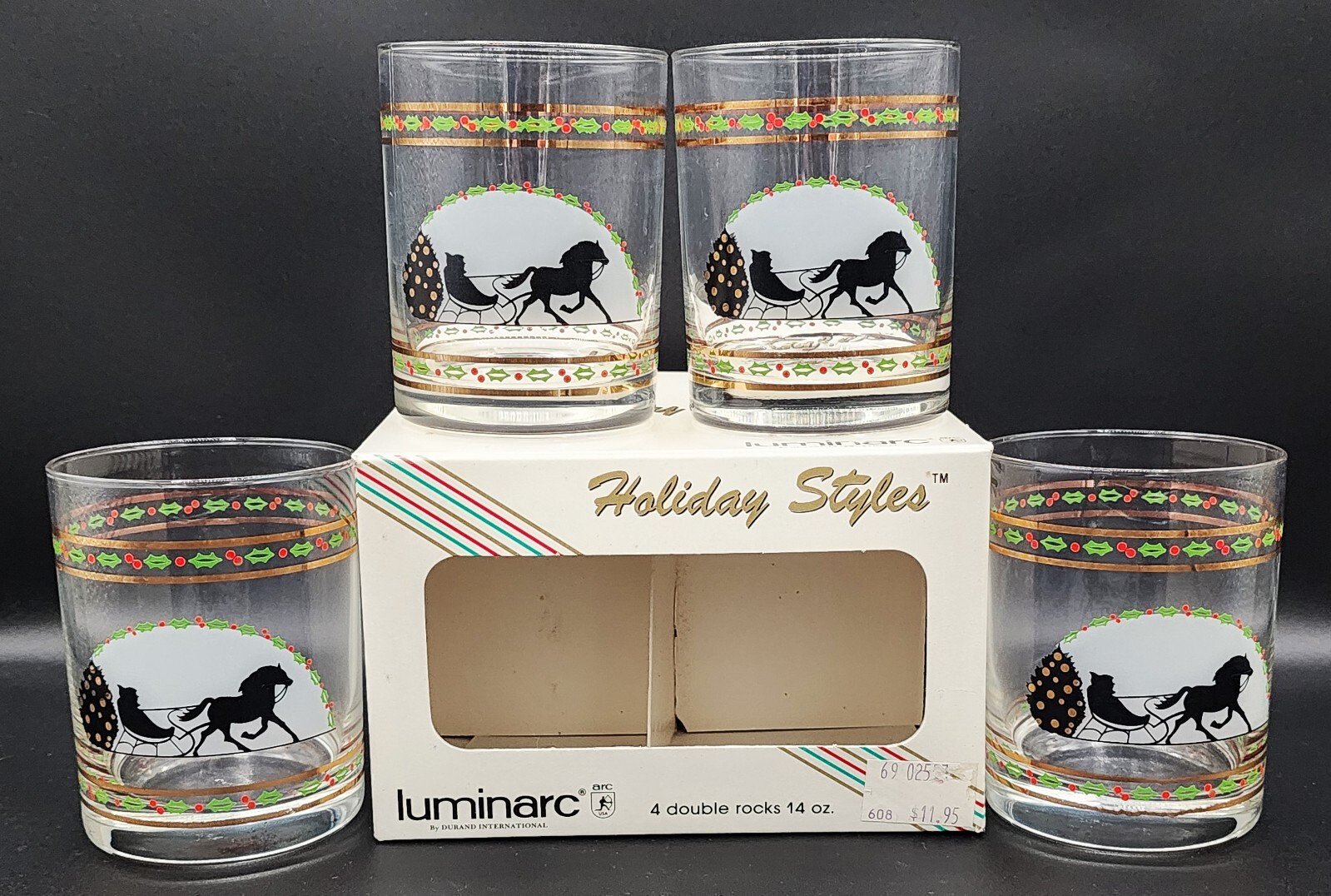 4 Luminarc Christmas Double Rocks Glasses in Sleigh Bells Pattern Original Box
