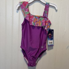 Speedo XS I 5/6 Youth Girls 1-Piece Swimsuit UPF 50 Purple NWT