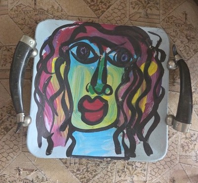 Peter Keil  1942 Abstract One Of Kind  Painted Tray With Handles Of horns