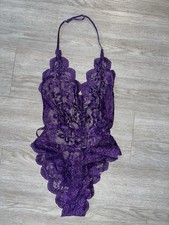 Purple Lace Halter Neck Bodysuit, Adjustable Strap, Sheer Floral, Women's Size M