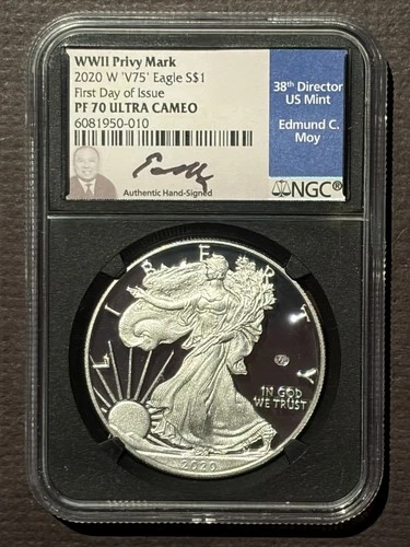 2020-W V75 PRIVY MARK $1 SILVER AMERICAN EAGLE NGC PR70 signed EDMUND MOY 10721