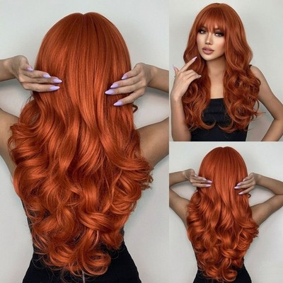 Copper Red Dress Up Wig With Fringe Long Wavy Heat Resistant Hair