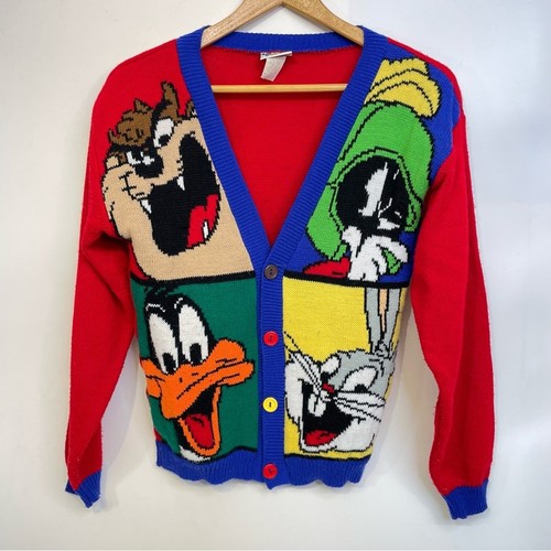 Looney Tunes Vintage Sweater Cardigan Medium 10/12 90s Taz Bugs Daffy Marvin - Picture 6 of 8