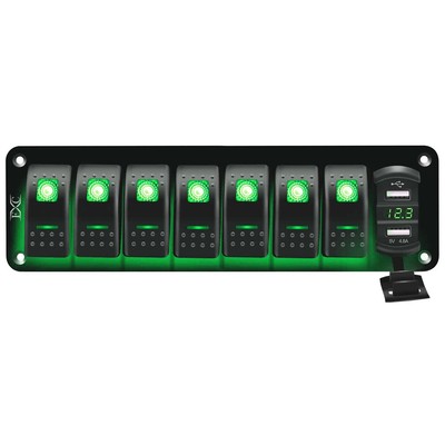 FXC 12V 24V DC 7 Gang Rocker Switch Aluminum Panel with 7 Gang, Green 