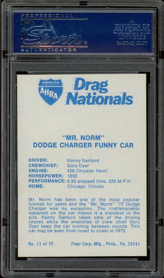 1972 Fleer AHRA Drag Nationals American Version #11, PSA 6 - Image 2 of 2