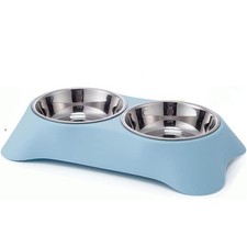 Medium Double Dog Bowl Light Blue Non Slip Stainless Steel for Food and Water