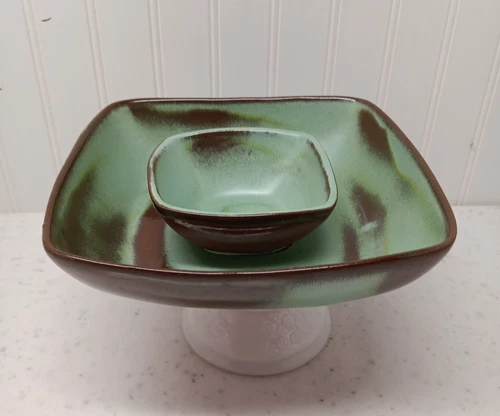 Vintage Frankoma Chip and Dip serving dish 5NS prairie green mcm