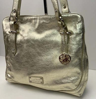 THE SAK Genuine Leather Handbag Gold Metallic Multi Dividers Studs Hobo Satchel