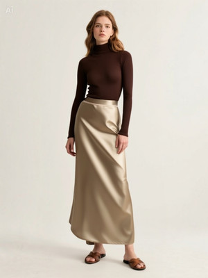 Basic Apparel Satin Midi Skirt Flora Skirt Midi Skirt - Beige Size M/L