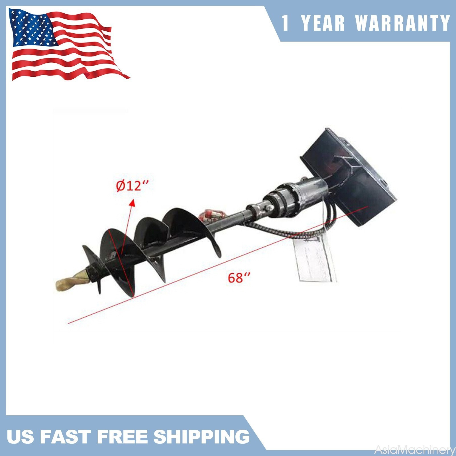 Agrotk 12" Mini Skid Steer Hydraulic Auger Attachment Up to 48" Drilling Depth