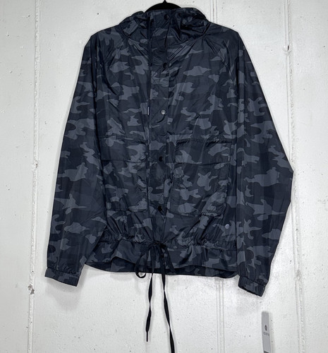 Apana L Black Gray Camo Yoga Jacket Lightweight Hooded Drawstring Waist NEW - Picture 1 of 6