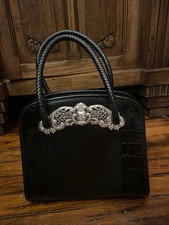 Brighton Chantilly Black Leather Croc Satchel Handbag Purse Tote Vintage Classic