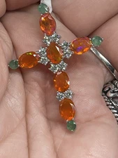 NEW! 925 Sterling Silver Pendant Orange Opal Emerald Cross Gemstone Jewelry