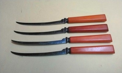 4 Vintage Henrys Stainless 9  Serrated Tomato Knife Butterscotch Bakelite Handle