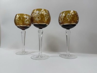 Set 3 Nachtmann Traube Amber Cut to Clear Crystal Hock Wine Glasses Germany
