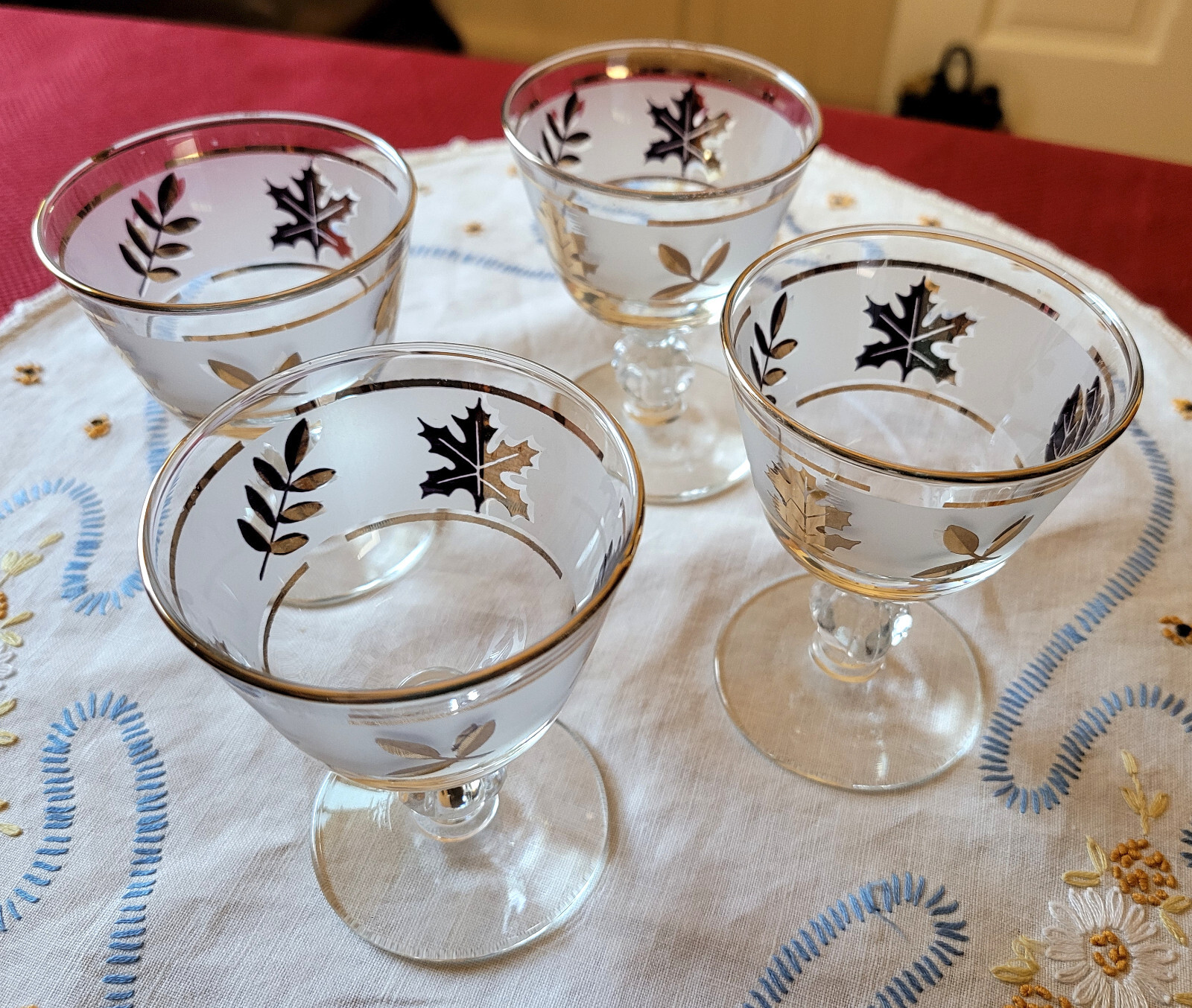 4 VTG Libbey *GOLDEN FOLIAGE* 3 7/8" Frosted LIQUOR / COCKTAIL Glasses 1953-1978
