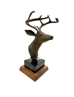 Statue Deer Stag Antler Metal on Marble and Wood Base Vintage Cabin Office Decor