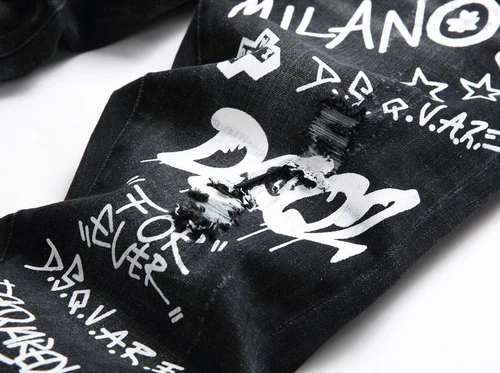 Men's Black Denim White Letter Printed Button Ripped Casual Pants Jeans Trousers - Picture 3 of 13