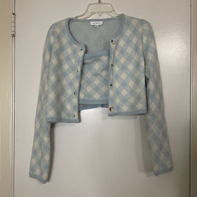 MABLE Blue Cropped Blue diamond knit Cardigan strapless 2pc set size Small