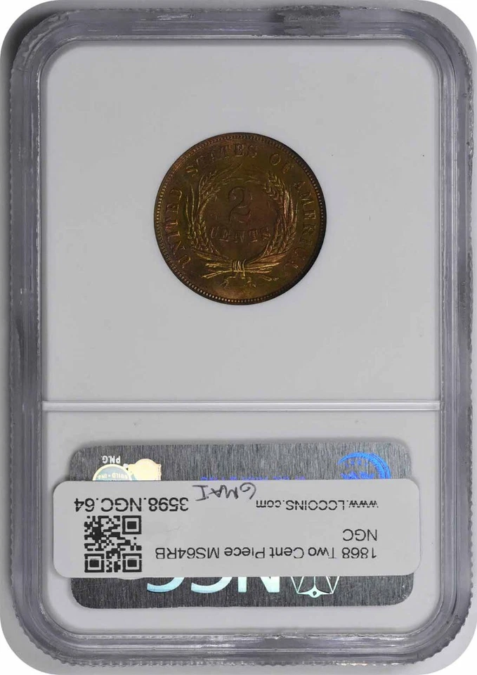 1868 Two Cent Piece MS64RB NGC - Image 2 of 2